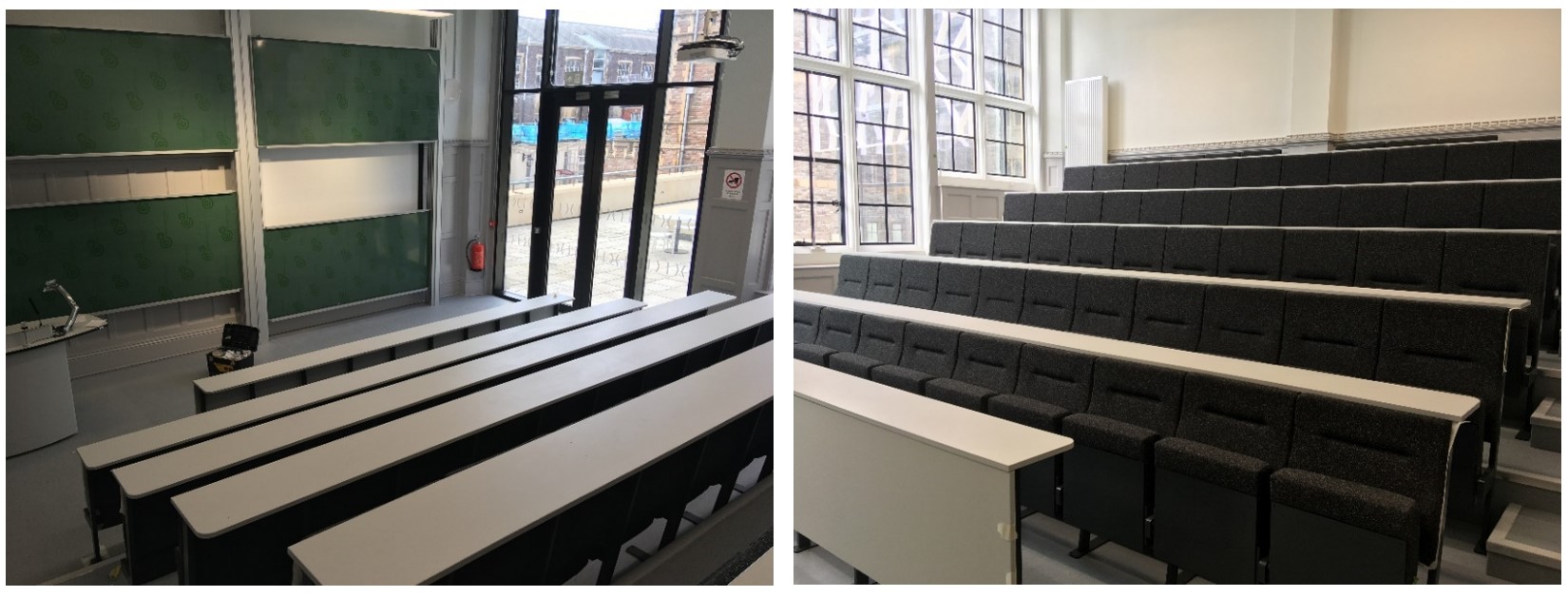 Tiered seats in rows facing the teaching wall.